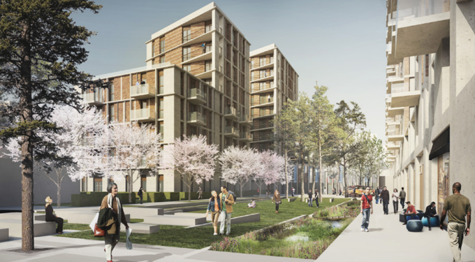 Outdoor space with buildings and people walking