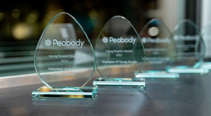 Four Peabody awards made of glass