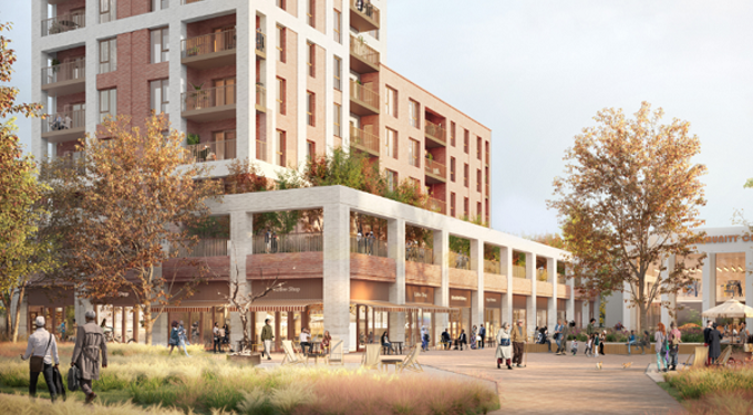 Outdoor space with buildings and people walking