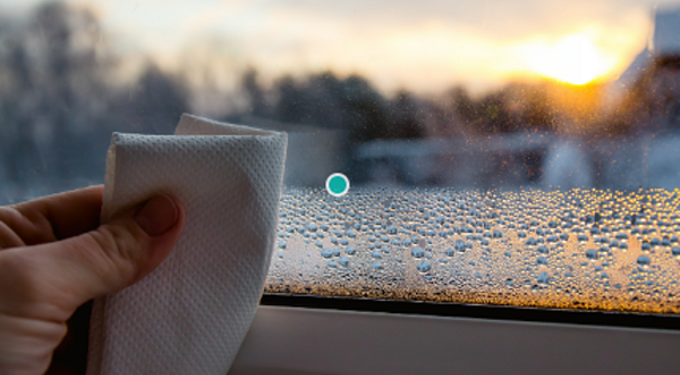 Hand holding a tissue in front of a window